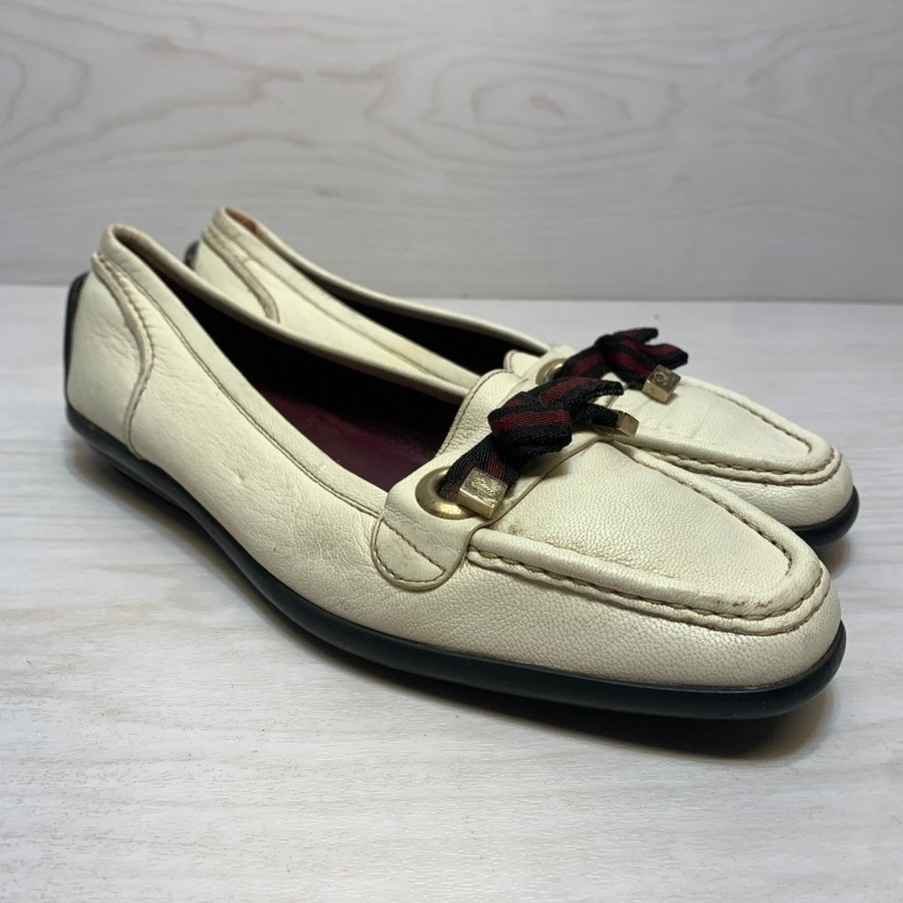 Gucci Womens 6.5B Loafers Web‎ Bow Driver Cream Leather 163326